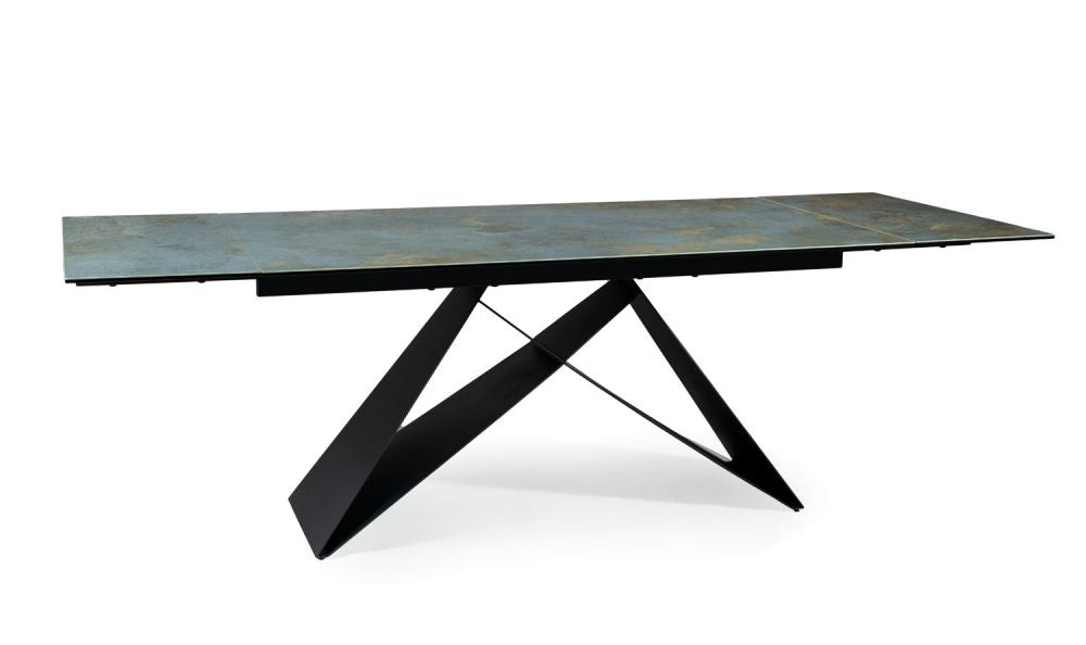 Masa extensibila cu blat din Sticla securizata Turcoaz cu picioare din Metal Negru L160x240cm Westin