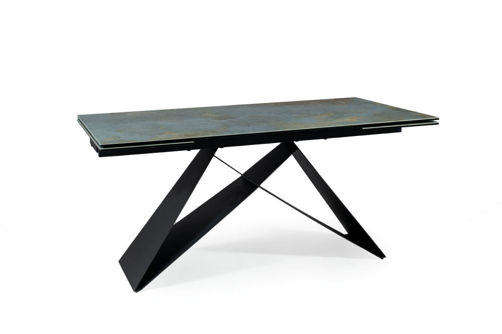 Masa extensibila cu blat din Sticla securizata Turcoaz cu picioare din Metal Negru L160x240cm Westin