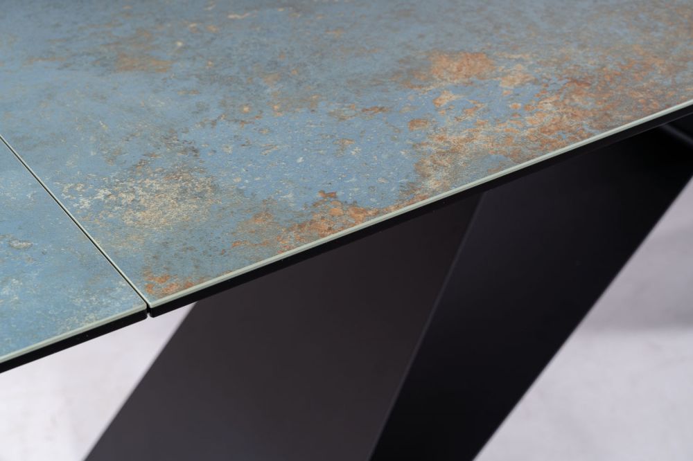 Masa extensibila cu blat din Sticla securizata Turcoaz cu picioare din Metal Negru L160x240cm Westin