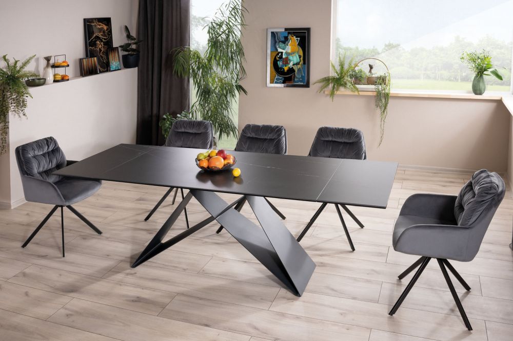 Masa extensibila cu blat din Sticla securizata+Ceramica Negru cu picioare din Metal Negru L160x240cm Westin