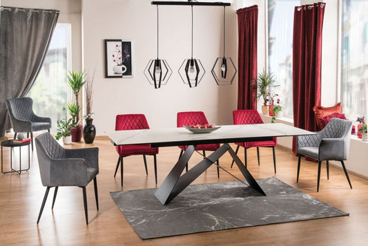 Masa extensibila cu blat din Sticla securizata cu efect de marmura Alb cu picioare din Metal Negru L180x260cm Westin