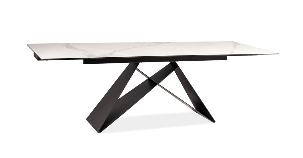 Masa extensibila cu blat din Sticla securizata cu efect de marmura Alb cu picioare din Metal Negru L180x260cm Westin