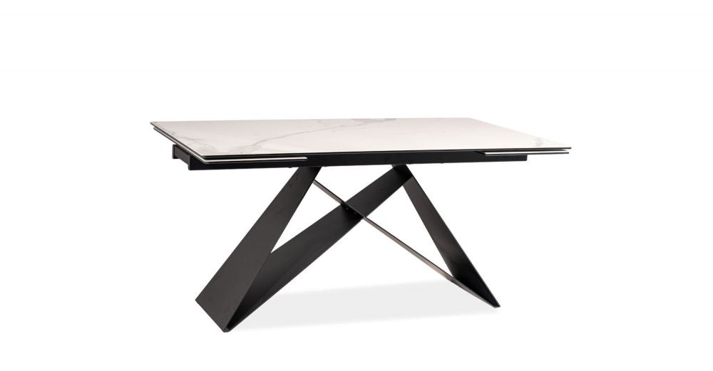 Masa extensibila cu blat din Sticla securizata cu efect de marmura Alb cu picioare din Metal Negru L180x260cm Westin