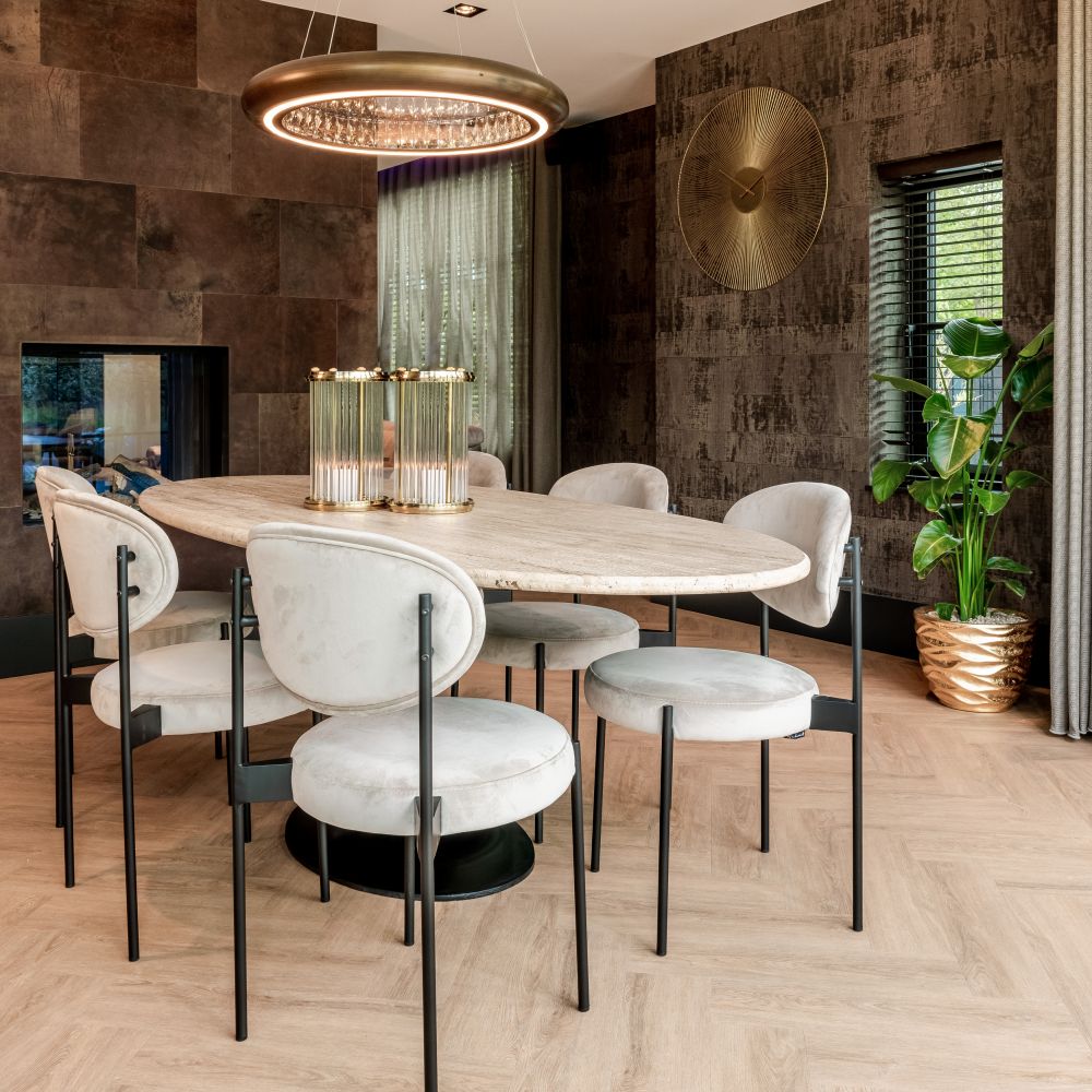 Masa Ovala de 8-10 persoane din Travertin Bej si Metal Negru L230xH78cm Hampton Richmond Interiors