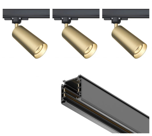 Set sina trifazata 1m din Aluminiu negru cu 3 spoturi din aluminiu Auriu GU10 50W Trinity Focus
