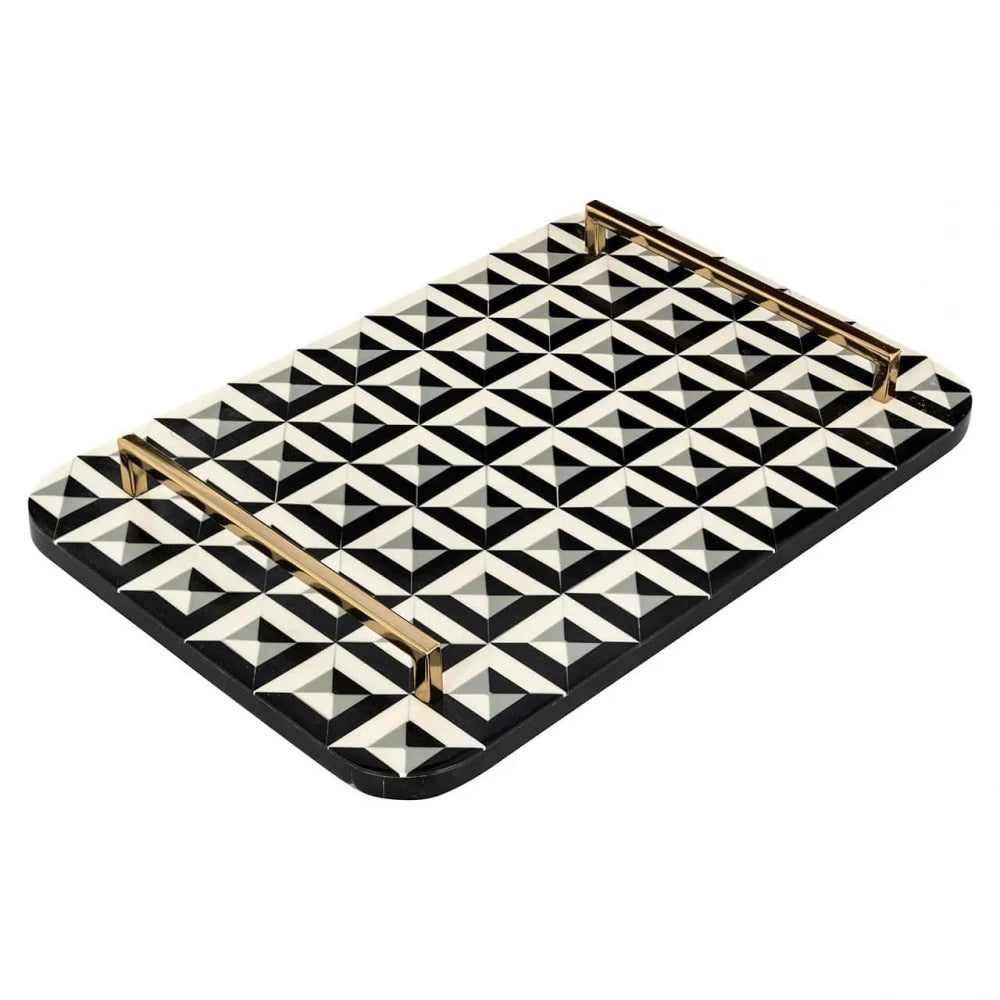 Tava decorativa cu manere din otel auriu din Rasina Alb/Negru H5.5xL46cm Birte Richmond interiors