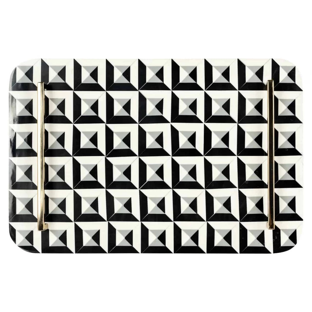 Tava decorativa cu manere din otel auriu din Rasina Alb/Negru H5.5xL46cm Birte Richmond interiors