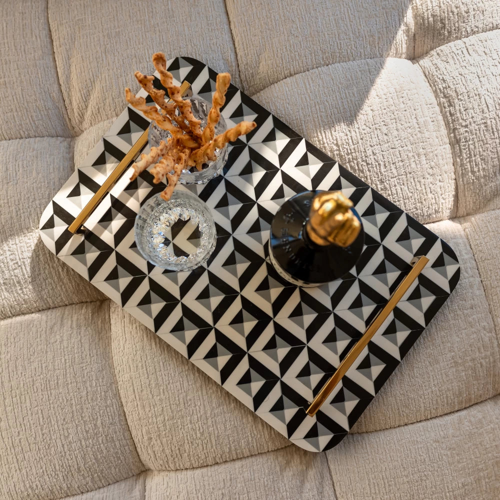 Tava decorativa cu manere din otel auriu din Rasina Alb/Negru H5.5xL46cm Birte Richmond interiors