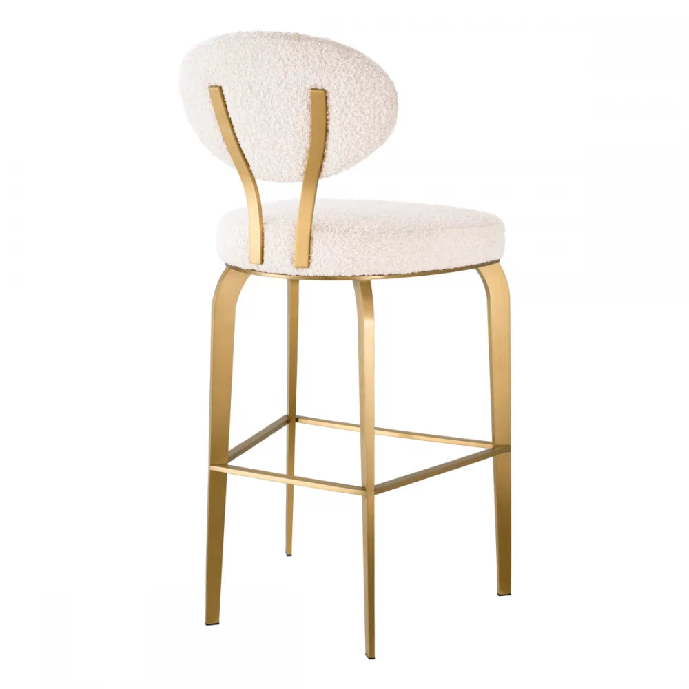 Scaun de bar tapitat cu Stofa boucle Crem cu picioare din Otel inoxidabil Alama H106xL50xA55cm Dorrego Eichholtz