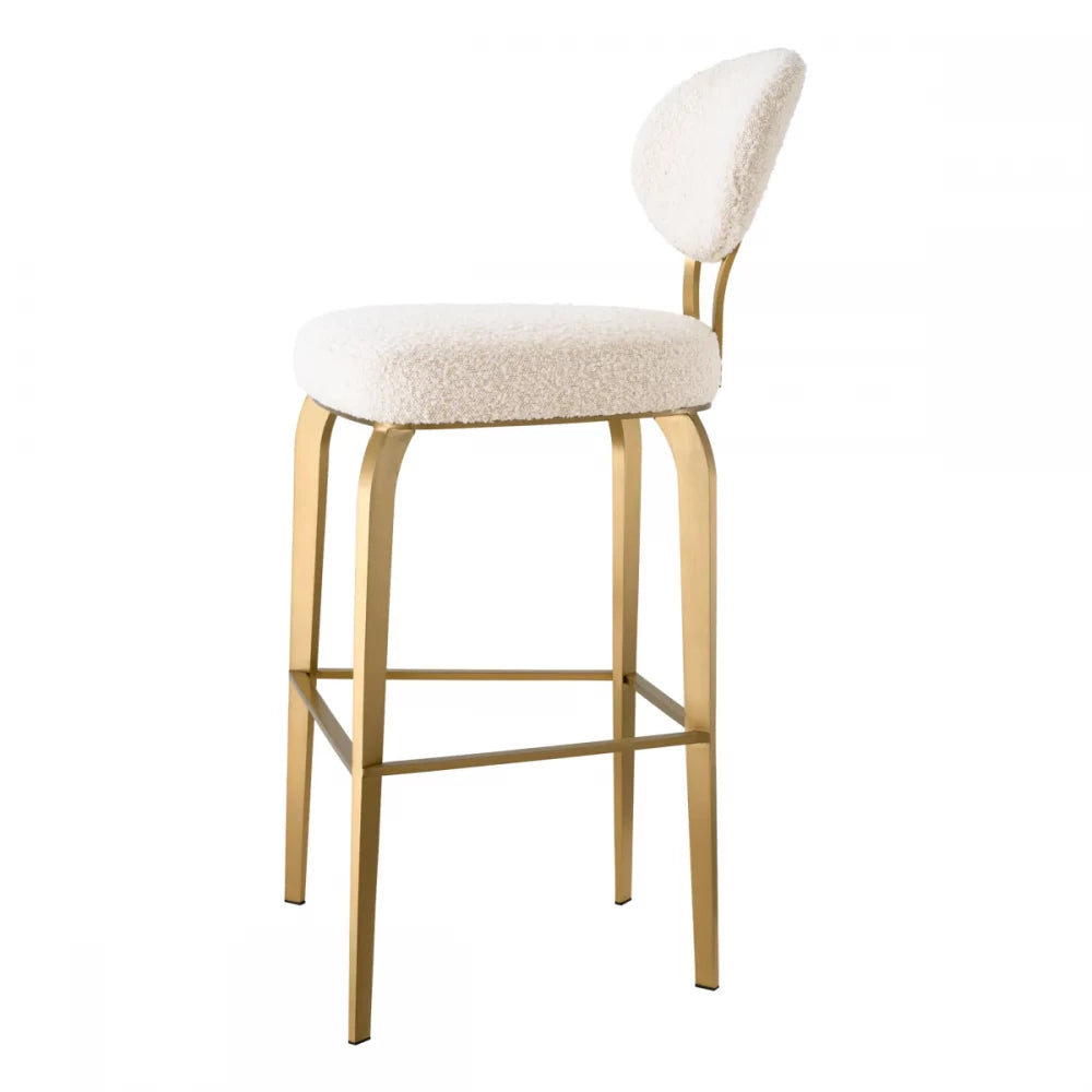 Scaun de bar tapitat cu Stofa boucle Crem cu picioare din Otel inoxidabil Alama H106xL50xA55cm Dorrego Eichholtz