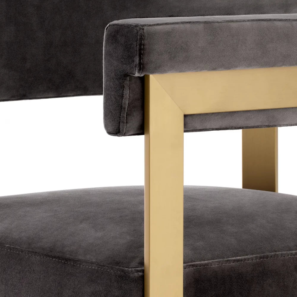 Scaun de insula tapitat cu Catifea Gri cu picioare din Otel inoxidabil Alama H93.5xL56xA57.5cm Clubhouse Eichholtz