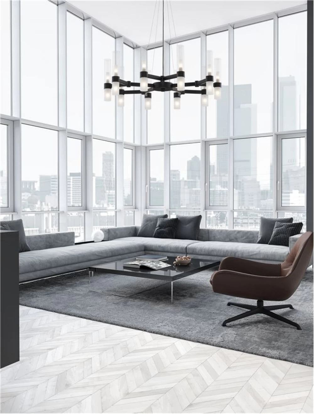 Candelabru structura din Metal Negru si abajur din Sticla Transparent/Alb H210xL70cm IP20 CENTURY