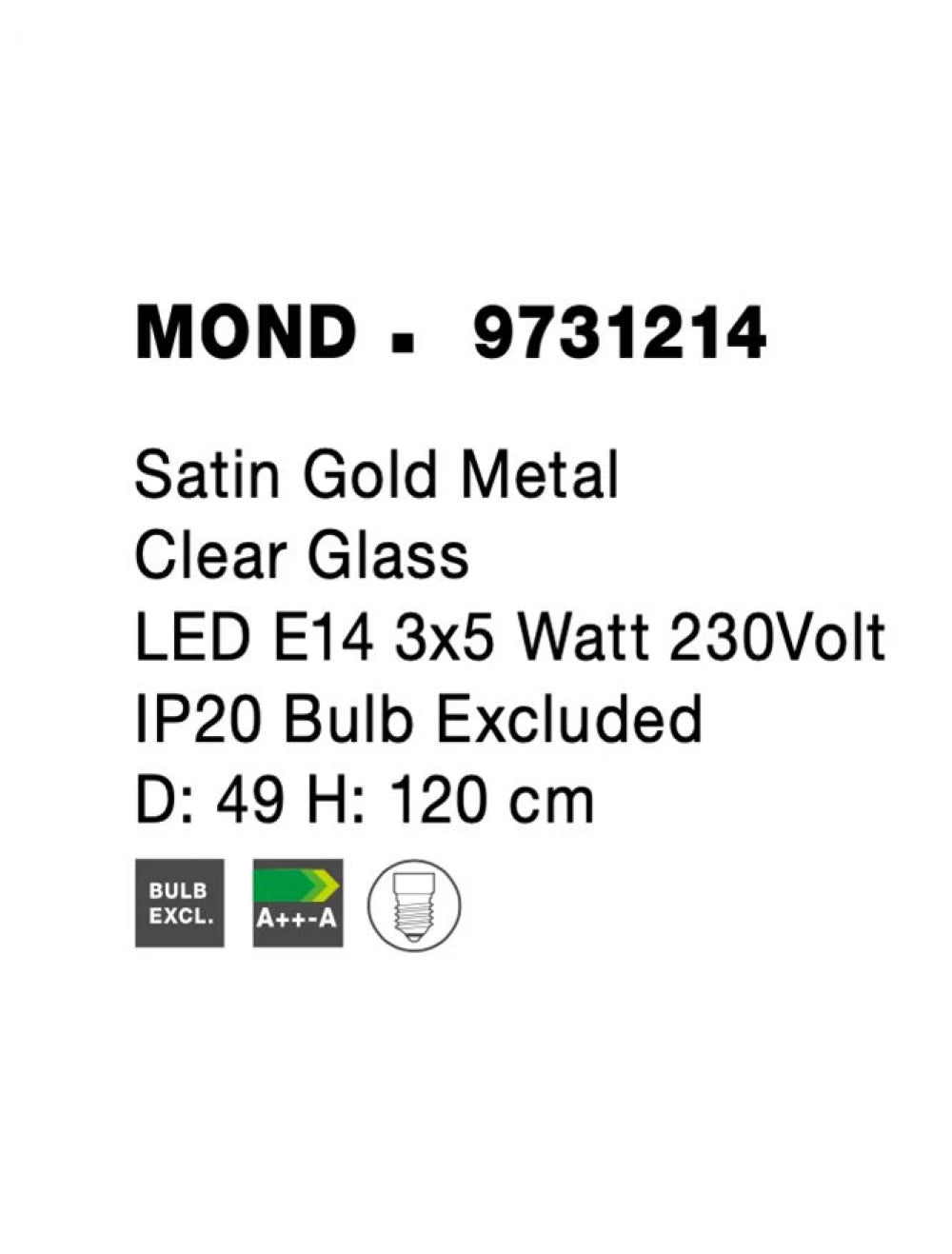 Candelabru structura din Metal Auriu si abajur din Sticla Transparent H120xL49cm IP20 MOND