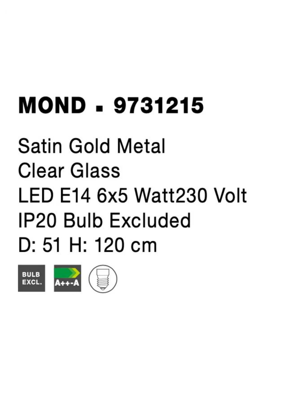 Candelabru structura din Metal Auriu si abajur din Sticla Transparent H120xL51cm IP20 MOND