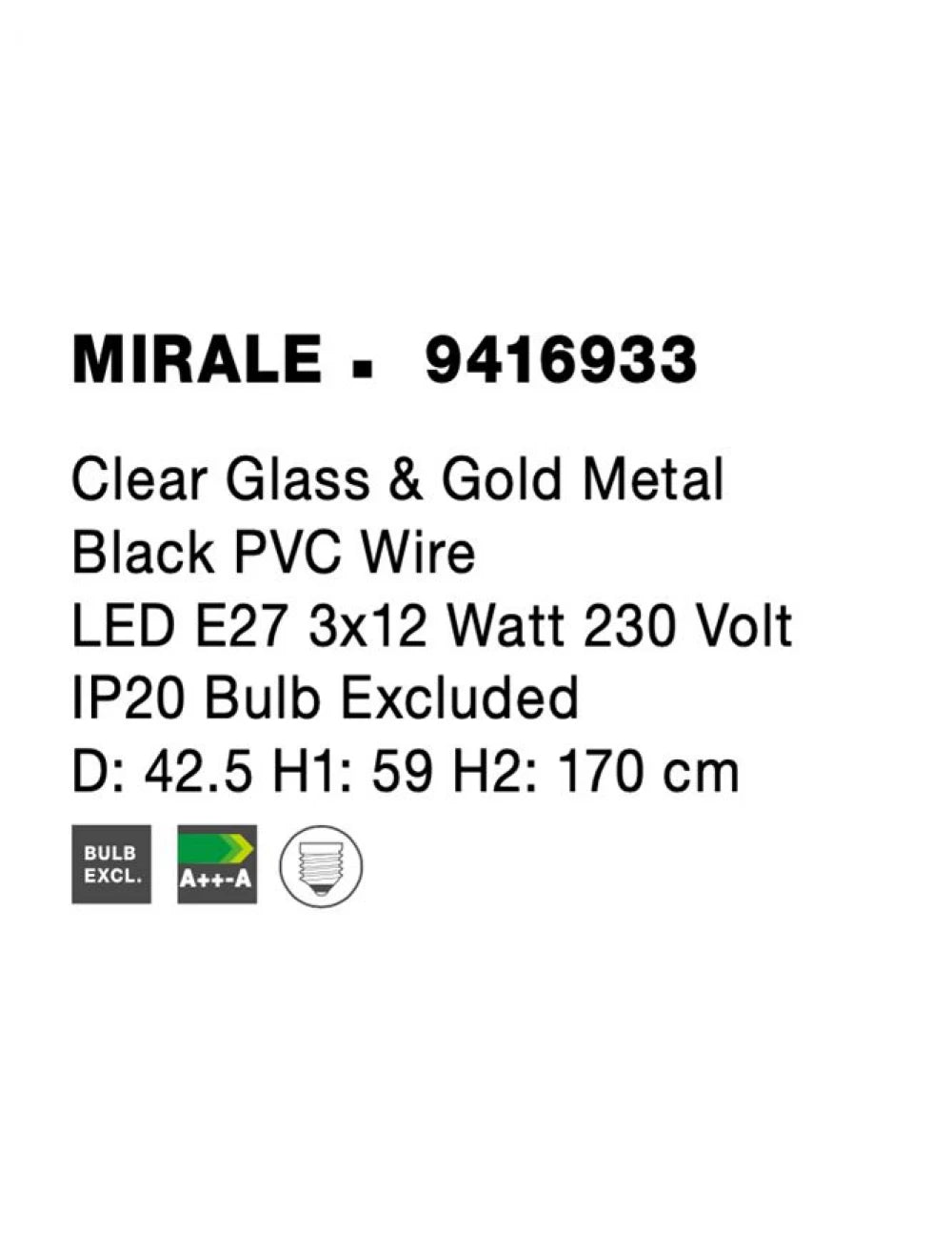 Candelabru structura din Metal Negru/Auriu si abajur din Sticla Transparent H170xL42.5cm IP20 MIRALE