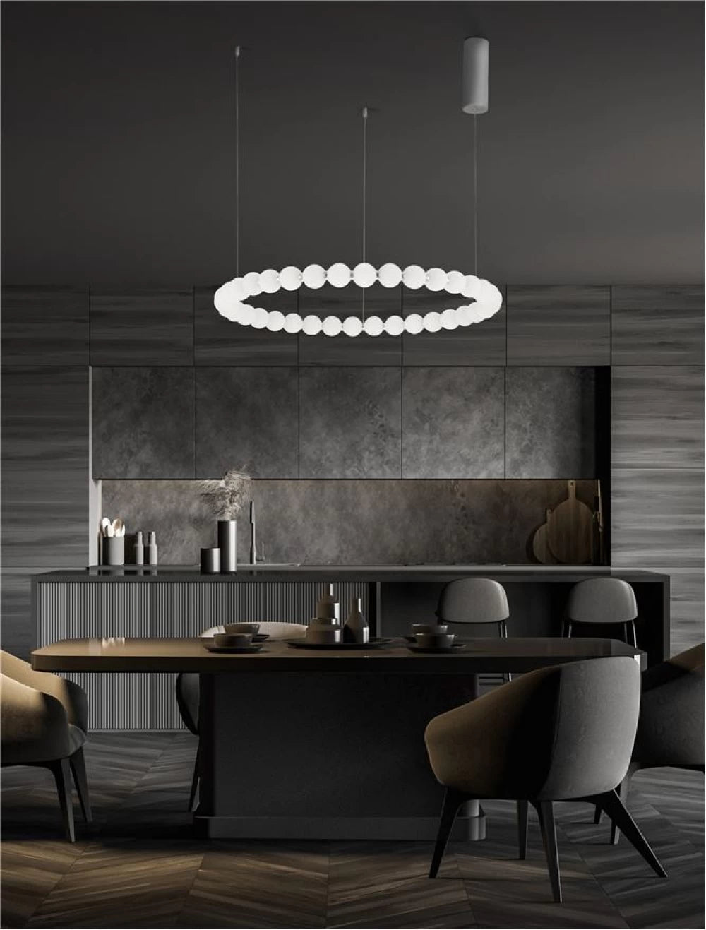 Lustra structura din Metal Argintiu si abajur din Sticla Alb H200xL80cm IP20 72W 6492lm 3000k PERLA