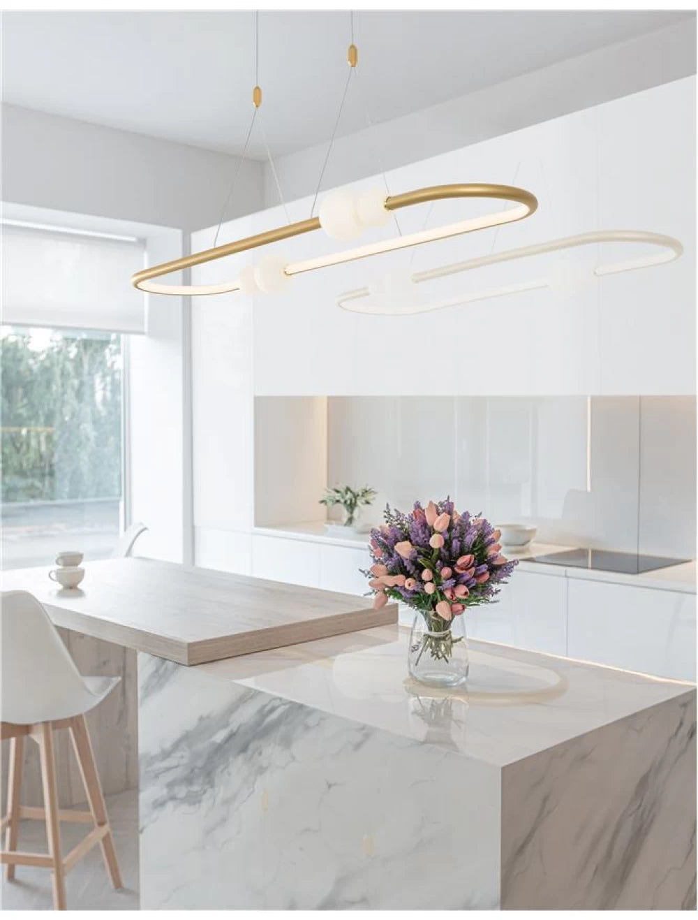 Lustra structura din Aluminiu Auriu si abajur din Sticla Alb H120xL100cm IP20 45W 4751lm 3000k CELIA
