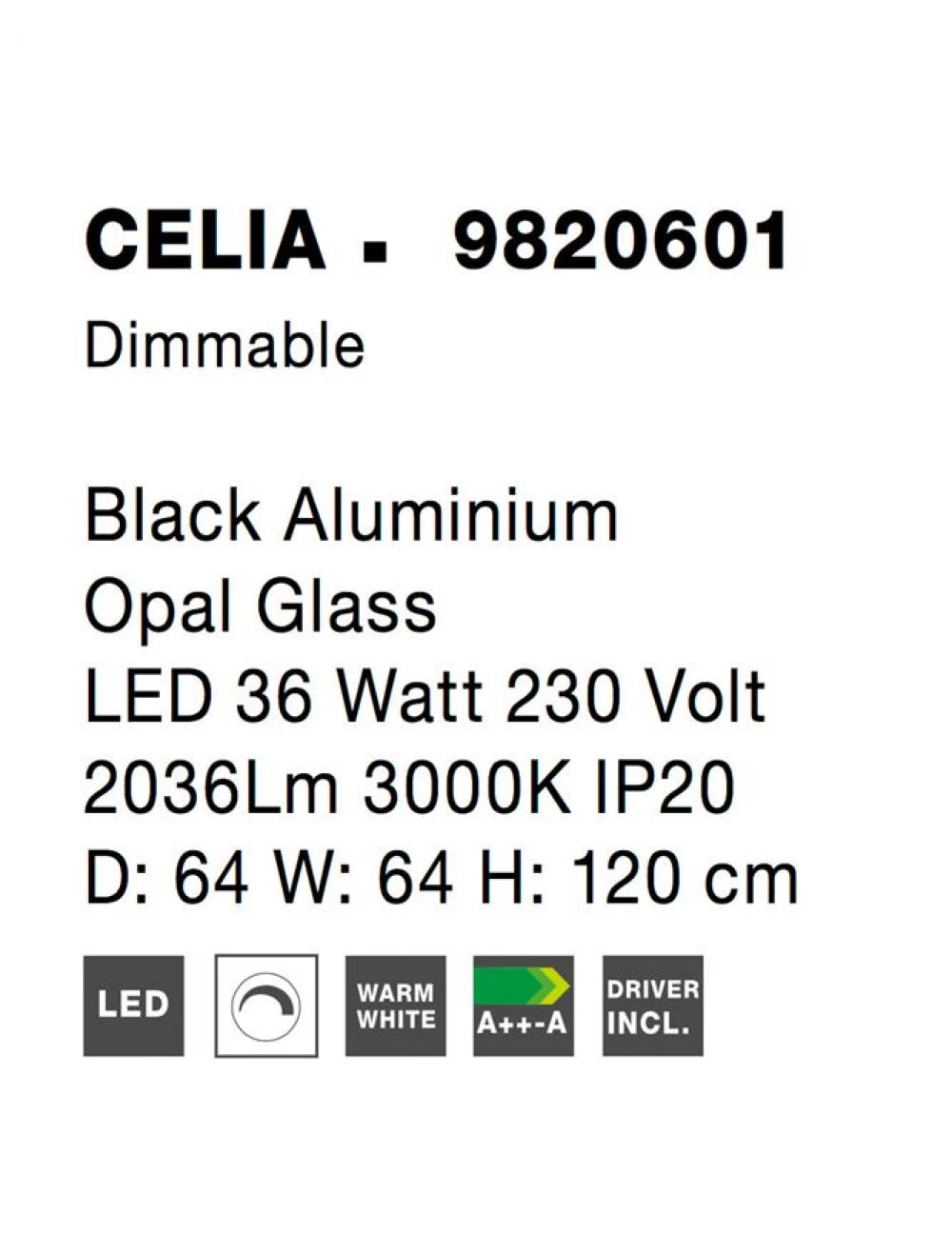 Lustra structura din Aluminiu Negru si abajur din Sticla Alb H120xL64cm IP20 37W 3812lm 3000k CELIA