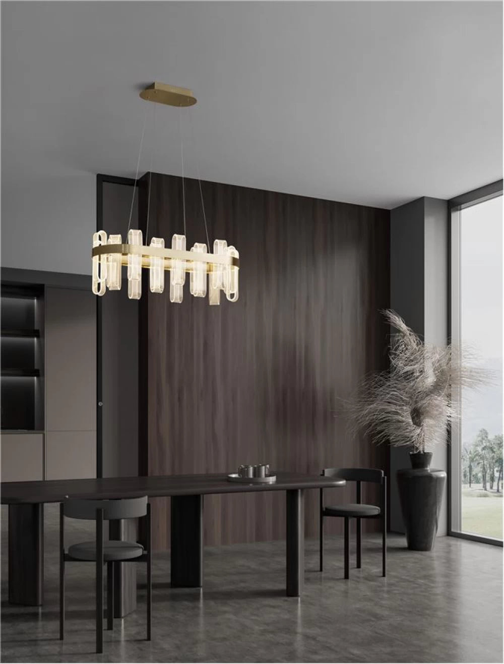Lustra structura din Metal Auriu si abajur din Acrilic Transparent H120xL80cm IP20 82W 3133lm 3000k ARGO