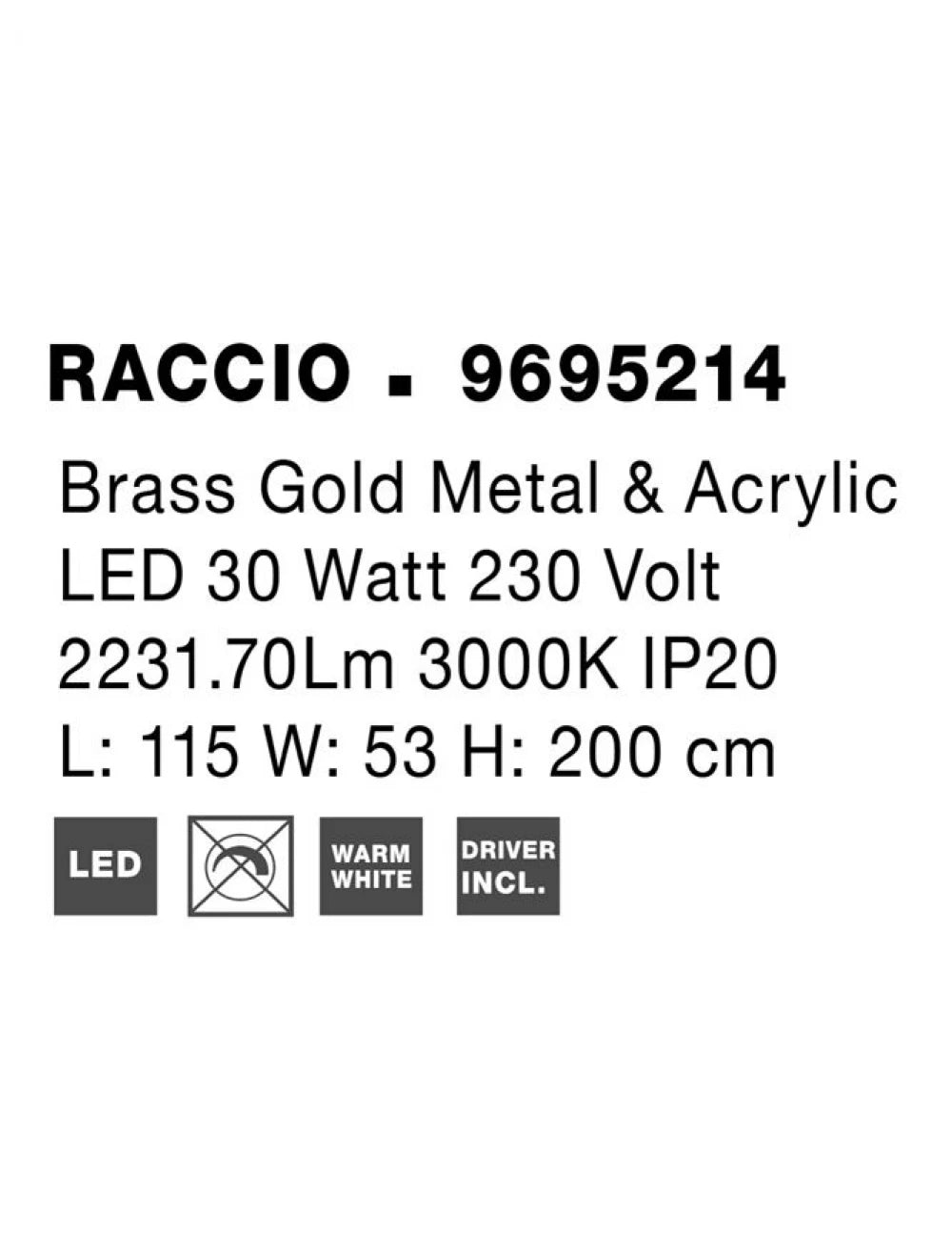 Lustra structura din Metal Auriu si abajur din Acrilic Alb H200xL115cm IP20 27W 1491lm 3000k RACCIO