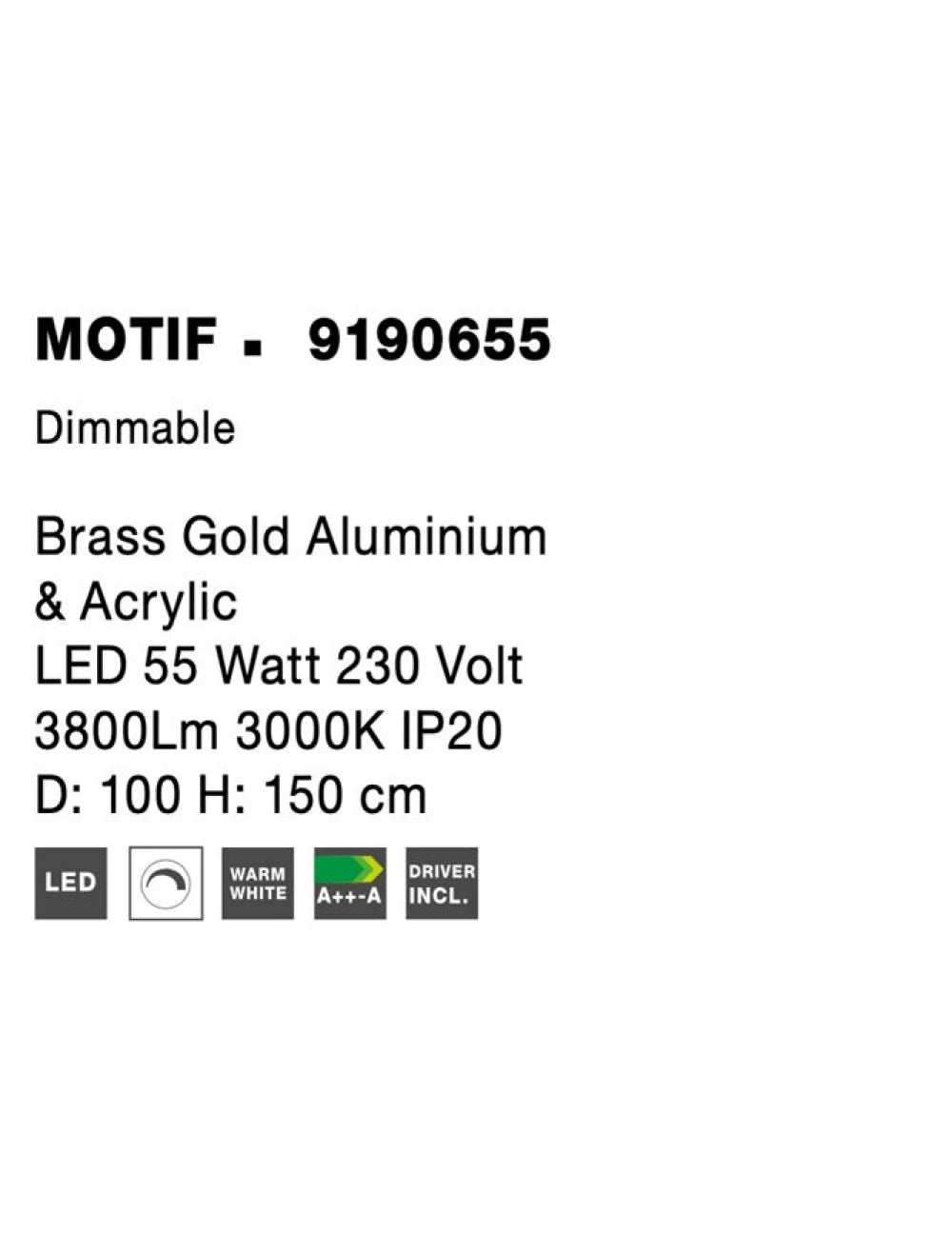 Lustra structura din Aluminiu Auriu si abajur din Acrilic Alb H200xL100cm IP20 60W 4165lm 3000k MOTIF