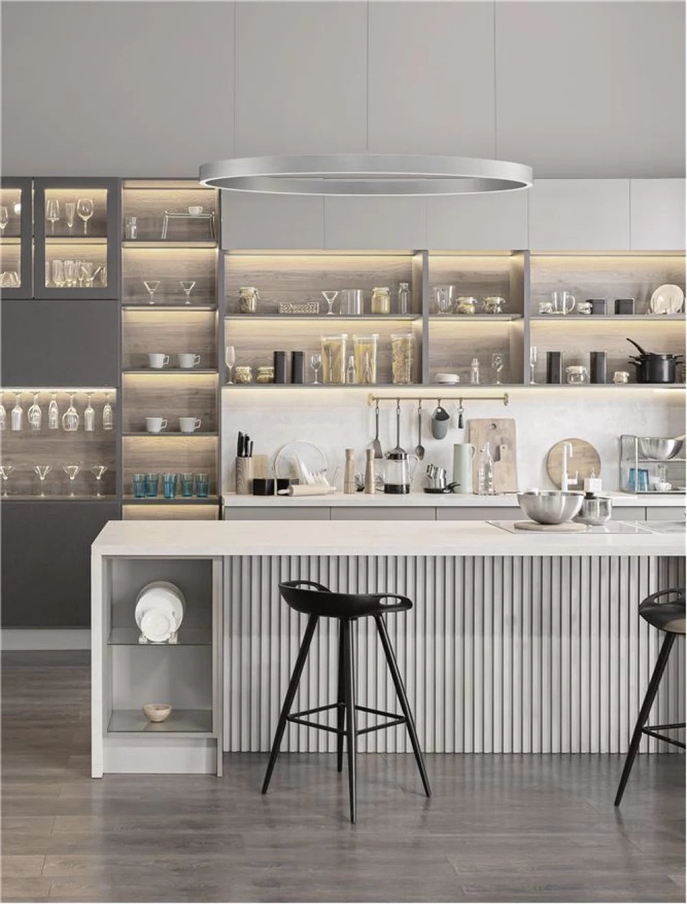 Lustra structura din Aluminiu Argintiu si abajur din Acrilic Alb H200xL98cm IP20 106W 4899lm 3000k ELOWEN