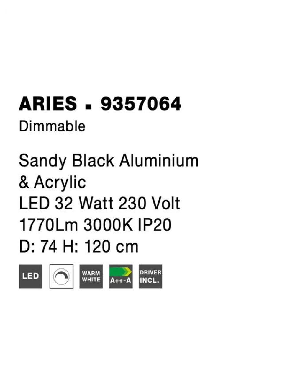 Lustra din Aluminiu Negru H120xL74cm IP20 32W 2177lm 3000k ARIES