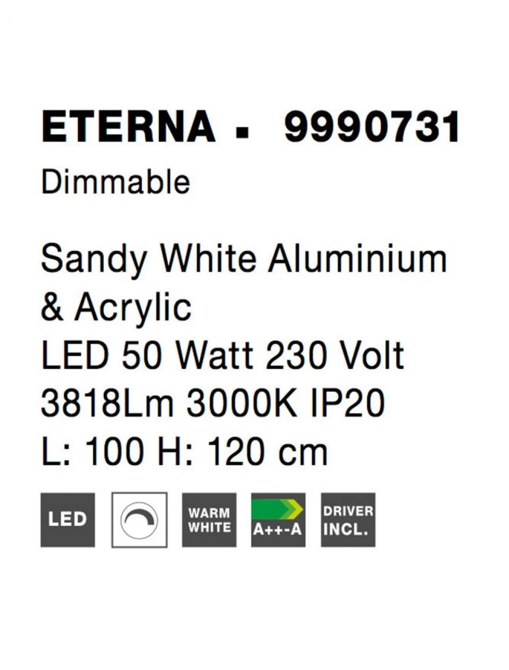 Lustra structura din Aluminiu Alb si abajur din Acrilic  H120xL100cm IP20 50W 3818lm 3000k ETERNA