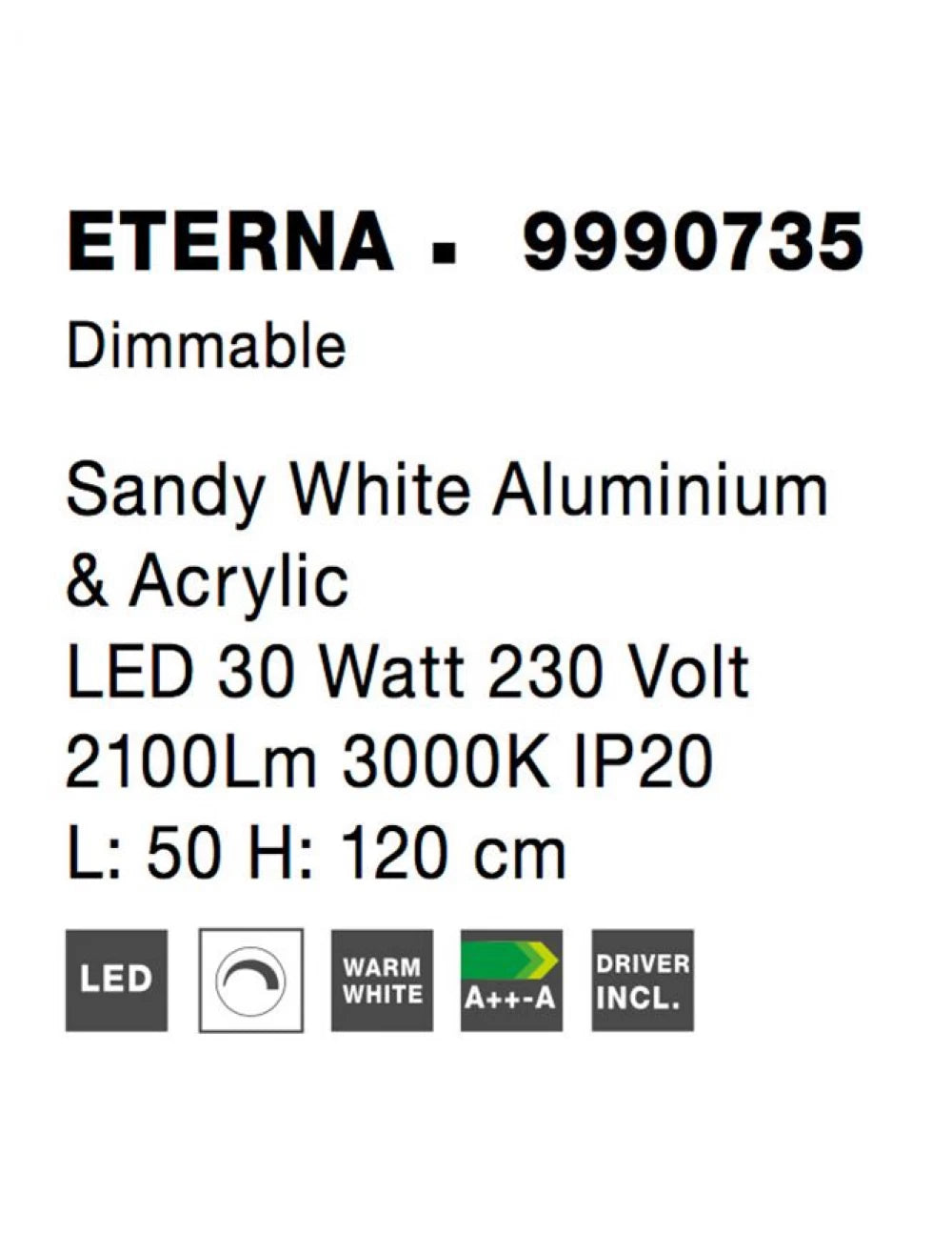 Lustra structura din Aluminiu Alb si abajur din Acrilic  H120xL50cm IP20 30W 2188lm 3000k ETERNA