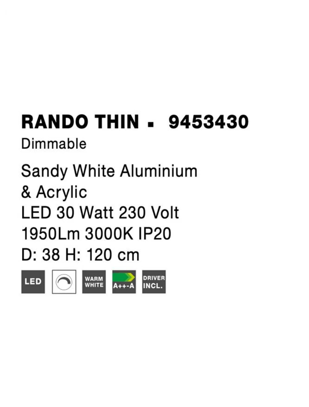 Lustra structura din Aluminiu Alb si abajur din Acrilic  H120xL38cm IP20 30W 1845lm 3000k RANDO THIN