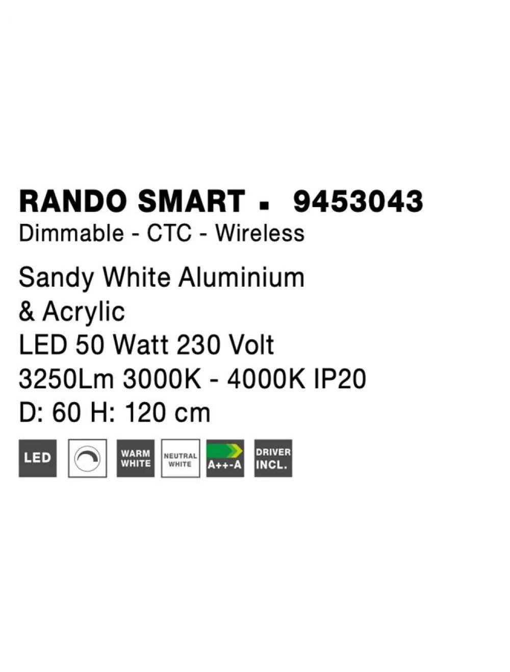 Lustra structura din Aluminiu Alb si abajur din Acrilic  H120xL60cm IP20 50W 2864lm 3000-4000k RANDO SMART
