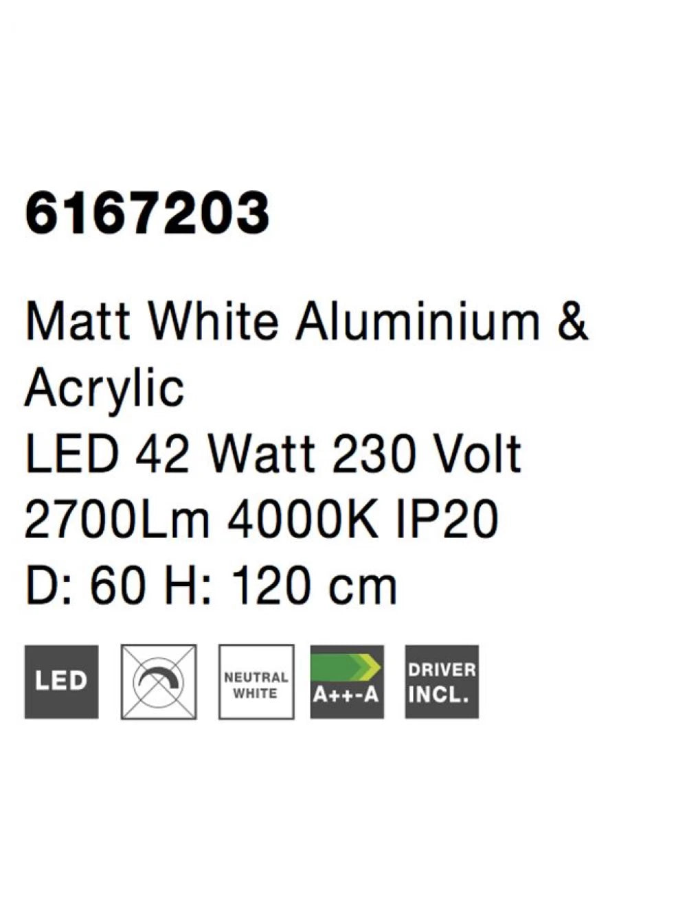 Lustra structura din Aluminiu Alb si abajur din Acrilic Alb H120xL60cm IP20 54W 2124lm 4000k RANDO