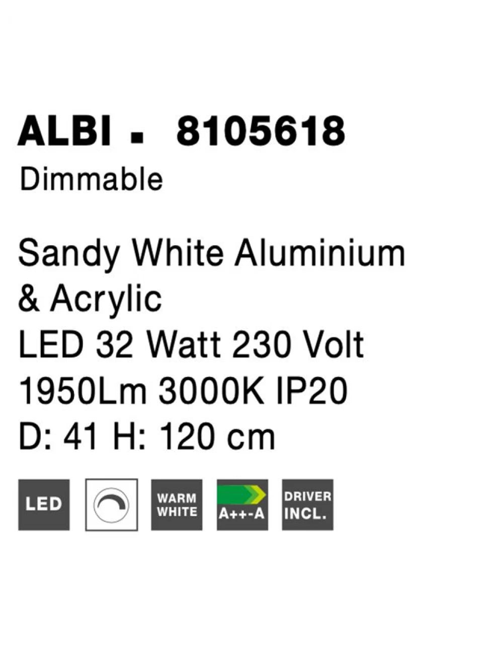 Lustra structura din Aluminiu Alb si abajur din Acrilic  H120xL41cm IP20 32W 1950lm 3000k ALBI