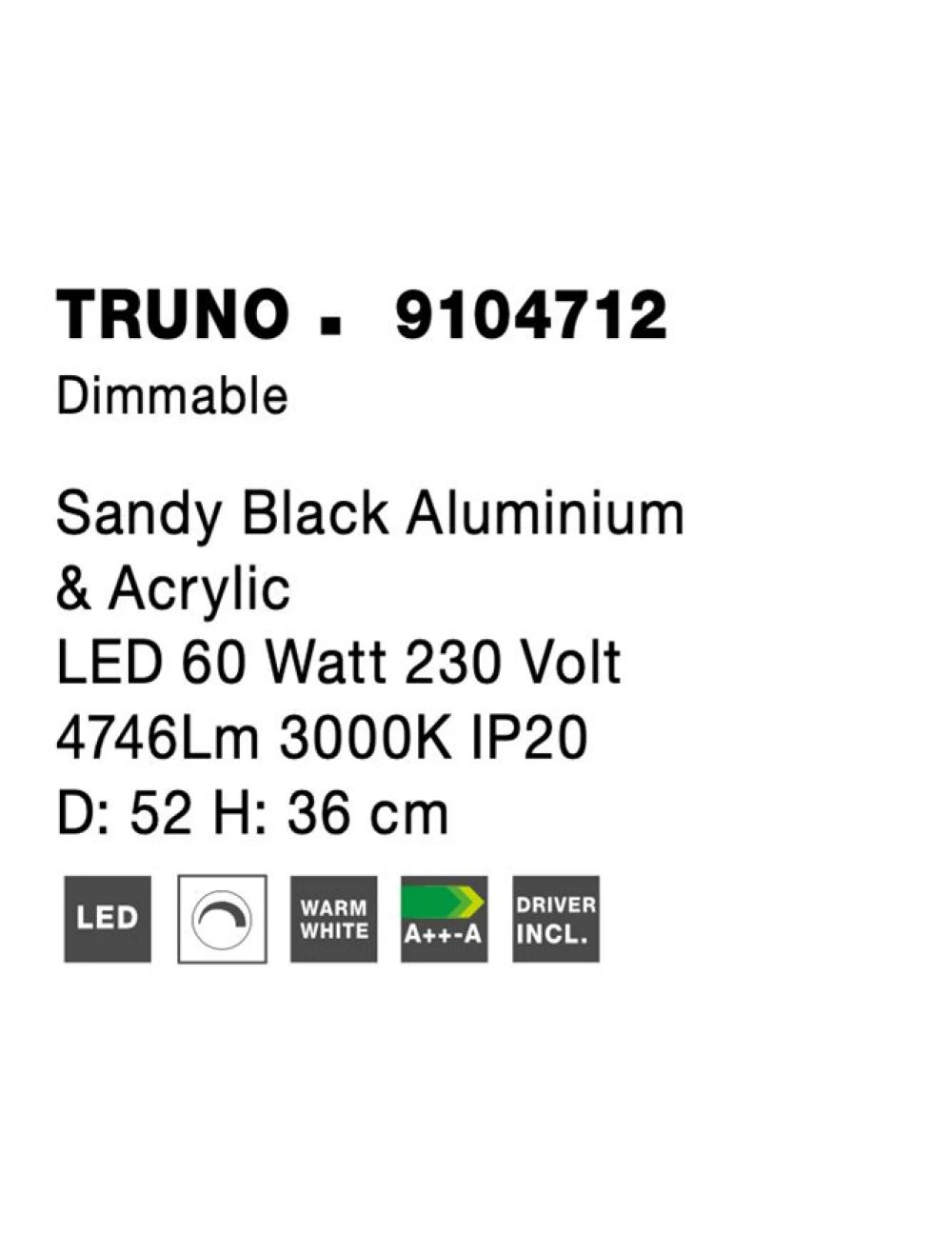 Plafoniera din Aluminiu Negru H36xL52cm IP20 60W 4746lm 3000k TRUNO