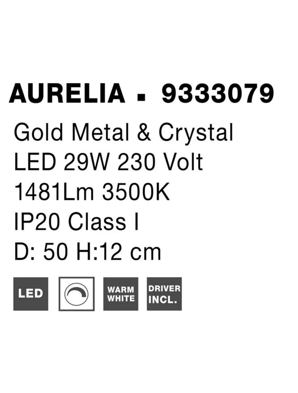 Plafoniera structura din Metal Auriu si abajur din Cristal Transparent H12xL50cm IP20 29W 1481lm 3500k AURELIA