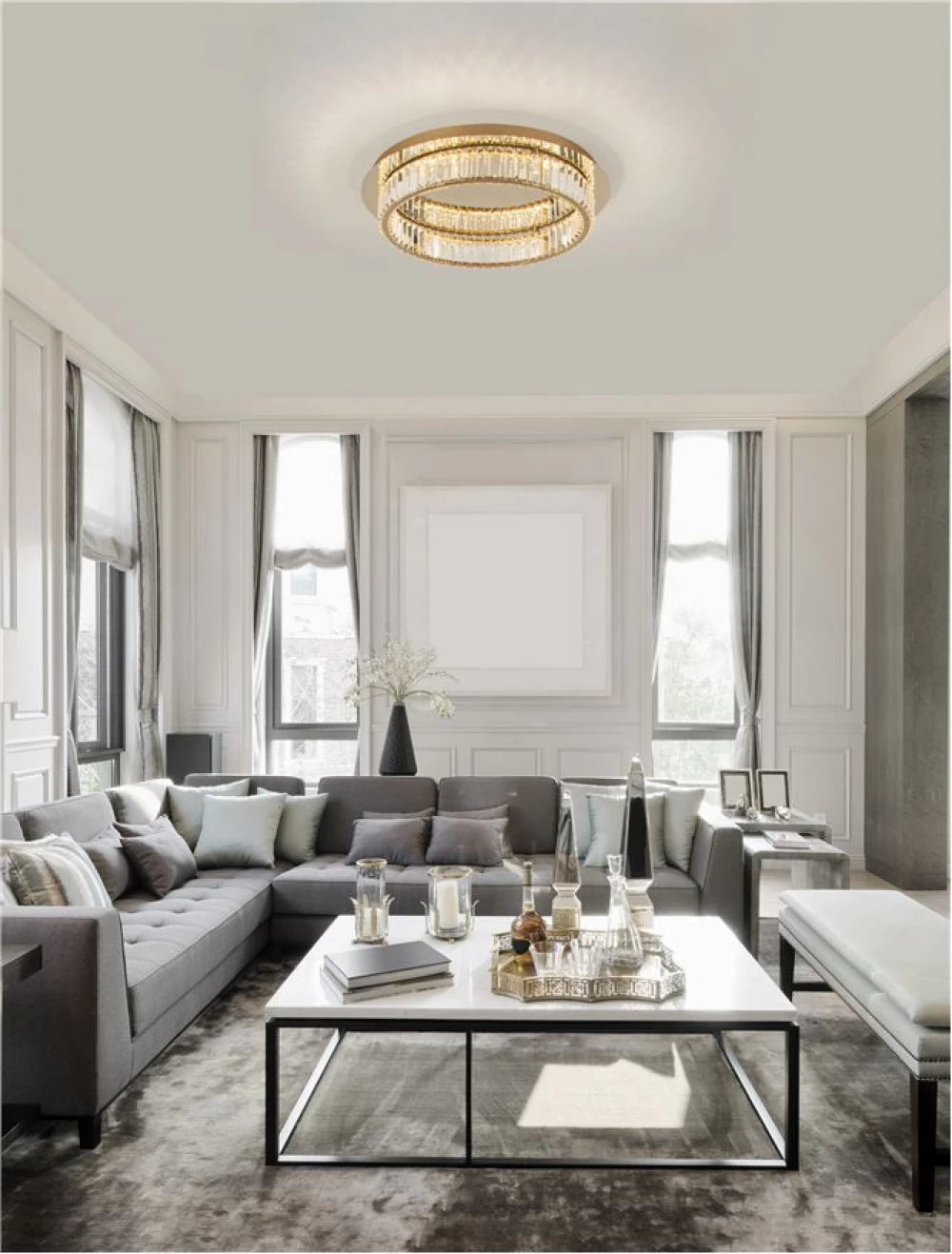 Plafoniera structura din Metal Auriu si abajur din Cristal Transparent H12xL60cm IP20 41W 2505lm 3500k AURELIA