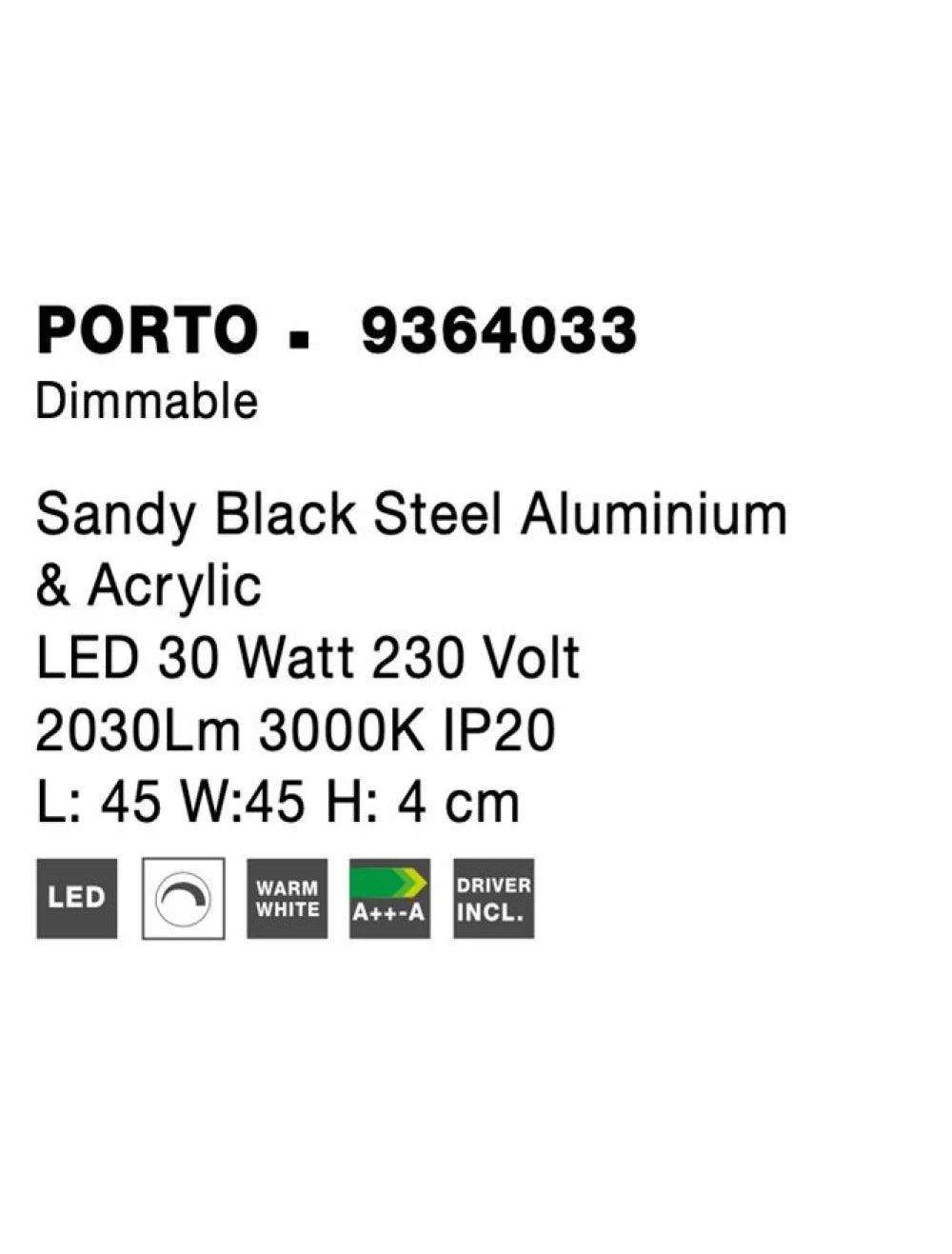 Plafoniera din Aluminiu Negru H4xL45cm IP20 30W 2030lm 3000k PORTO