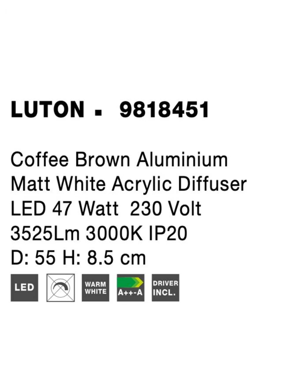Plafoniera structura din Aluminiu Maro si abajur din Acrilic Alb H8.5xL55cm IP20 47W 3525lm 3000k LUTON