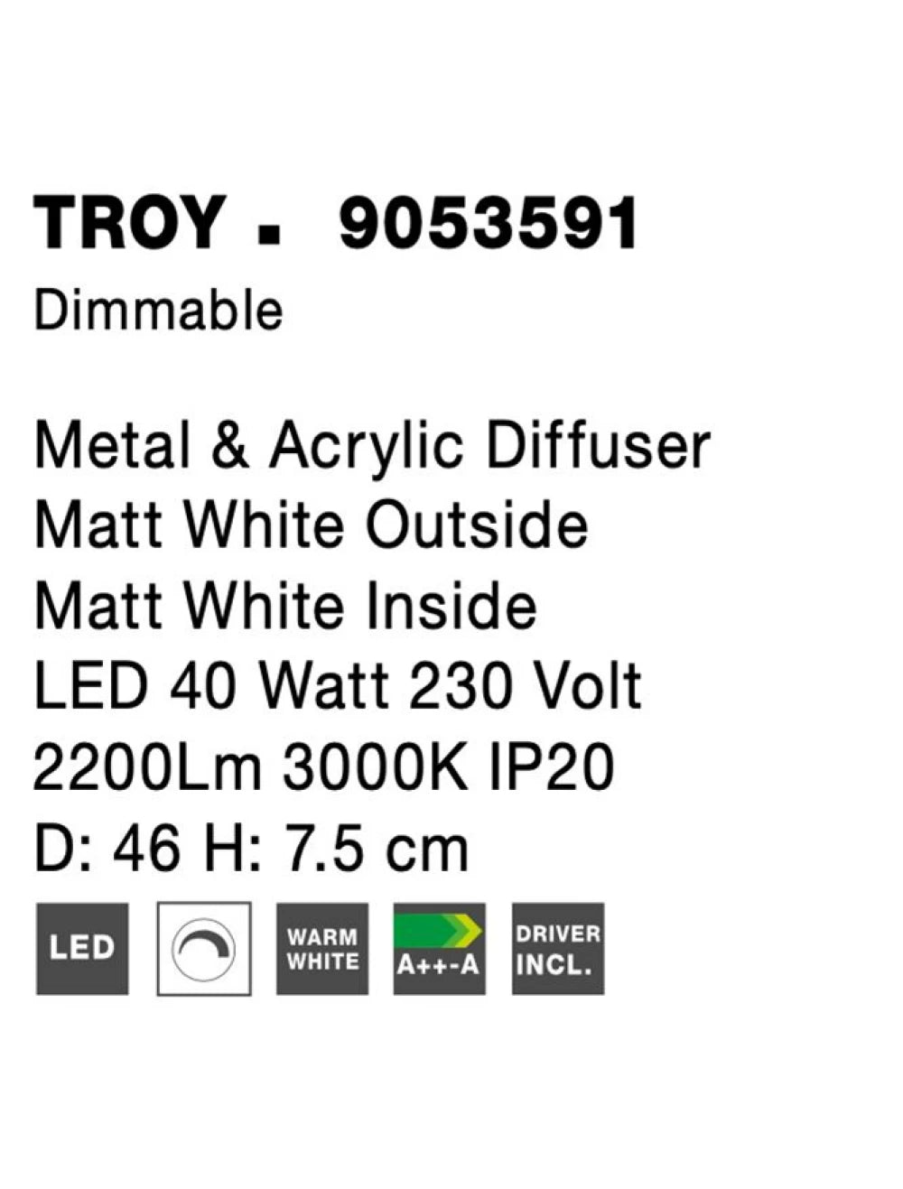 Plafoniera structura din Metal Alb si abajur din Acrilic Alb H7.5xL46cm IP20 40W 2200lm 3000k TROY