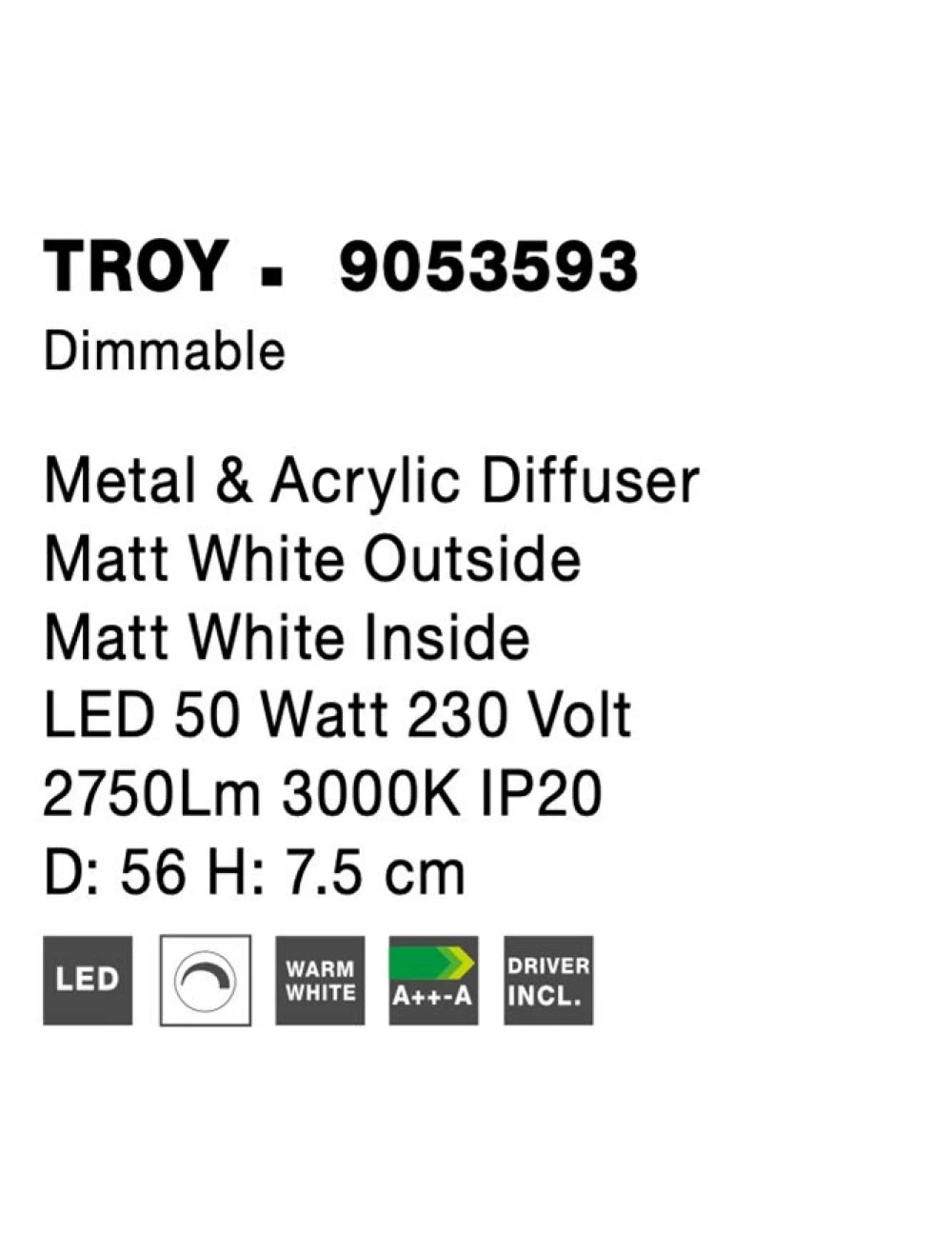 Plafoniera structura din Metal Alb si abajur din Acrilic Alb H7.5xL56cm IP20 50W 2750lm 3000k TROY