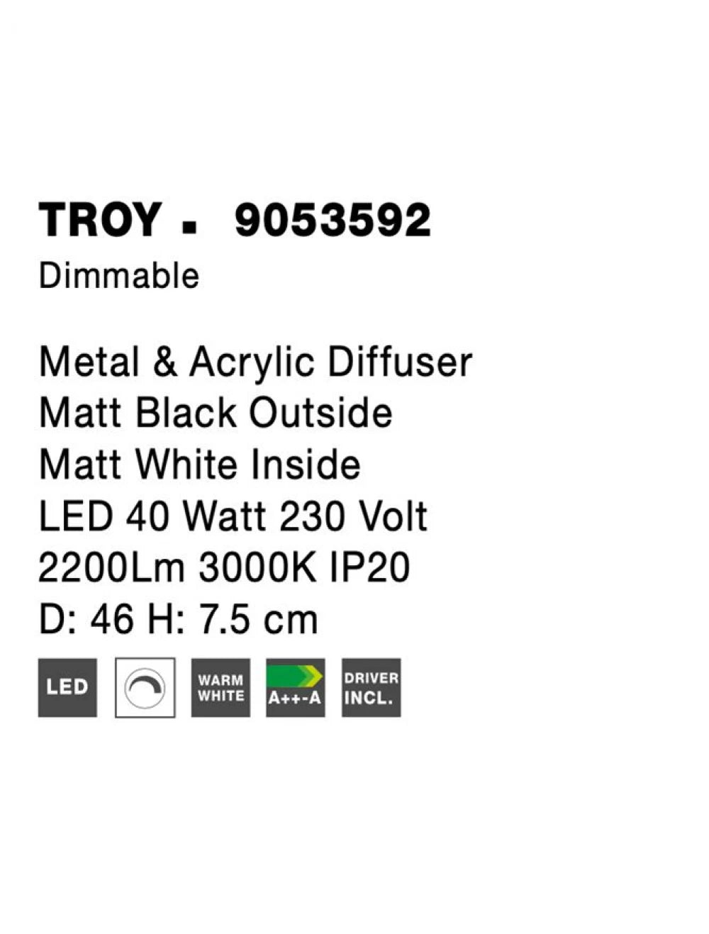 Plafoniera structura din Metal Negru si abajur din Acrilic Alb H7.5xL46cm IP20 40W 2200lm 3000k TROY