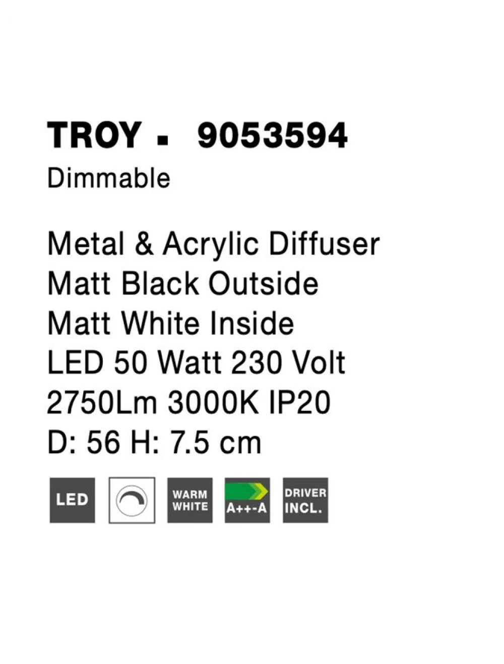 Plafoniera structura din Metal Negru si abajur din Acrilic Alb H7.5xL56cm IP20 50W 2750lm 3000k TROY