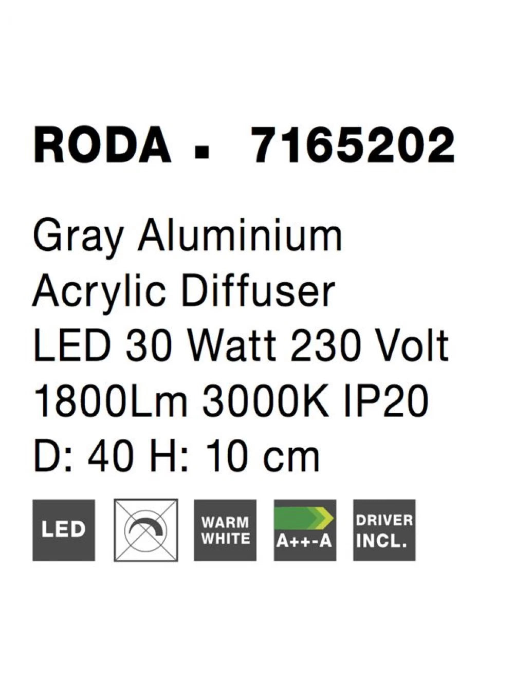 Plafoniera structura din Aluminiu Gri si abajur din Acrilic Alb H10xL40cm IP20 30W 1800lm 3000k RODA