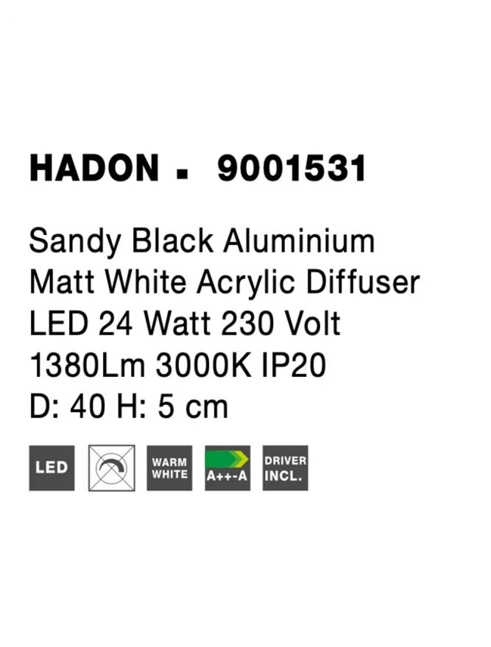 Plafoniera din Aluminiu Negru H5xL40cm IP20 24W 1380lm 3000k HADON