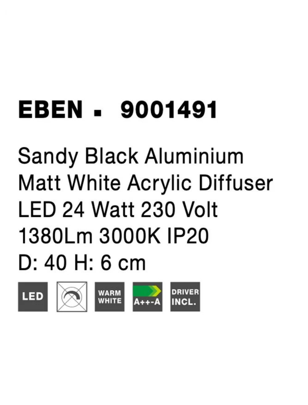 Plafoniera din Aluminiu Negru H6xL40cm IP20 24W 1380lm 3000k EBEN