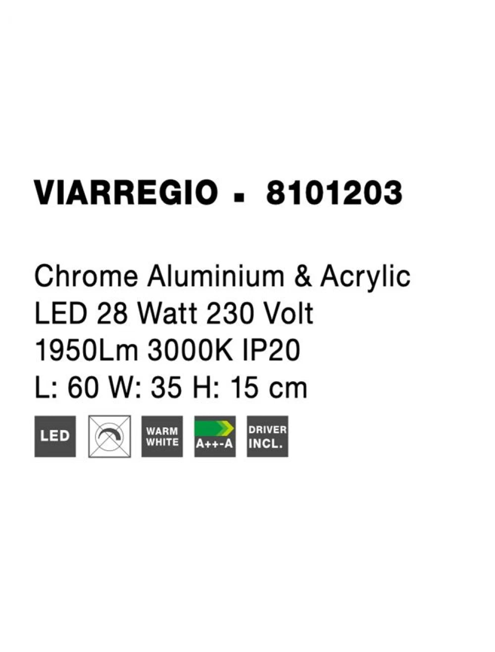 Plafoniera structura din Aluminiu Argintiu si abajur din Acrilic Alb H15xL60cm IP20 28W 1950lm 3000k VIARREGIO