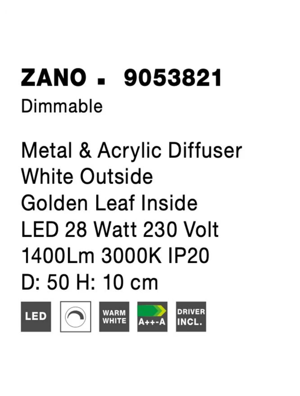 Plafoniera structura din Metal Auriu si abajur din Acrilic Alb H10xL50cm IP20 28W 1400lm 3000k ZANO