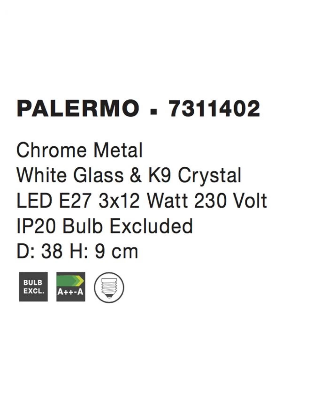 Plafoniera structura din Metal Argintiu si abajur din Sticla si Cristal K9 Alb/Transparent H9xL38cm IP20 PALERMO