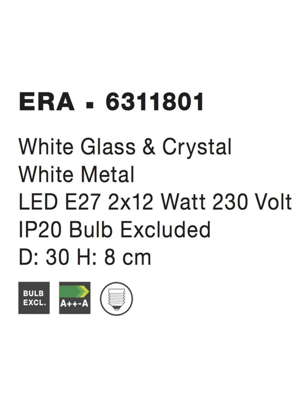 Plafoniera structura din Metal Alb si abajur din Sticla si Cristal Alb/Transparent H8xL30cm IP20 ERA