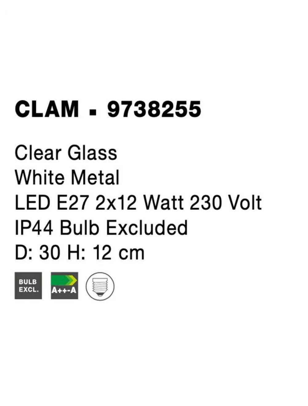 Plafoniera structura din Metal Alb si abajur din Sticla Transparent H12xL30cm IP44 CLAM